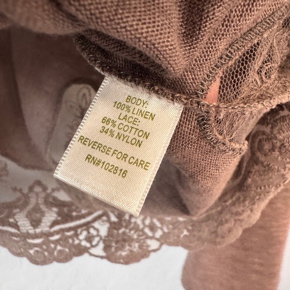 Garnet Hill Medium 100% Linen Brown Long Sleeve Lace Trim Scoop Neck Blouse - Picture 5 of 5